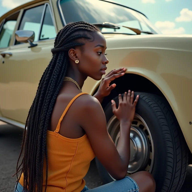 Mulher negra verificando os pneus do carro antes de viajar