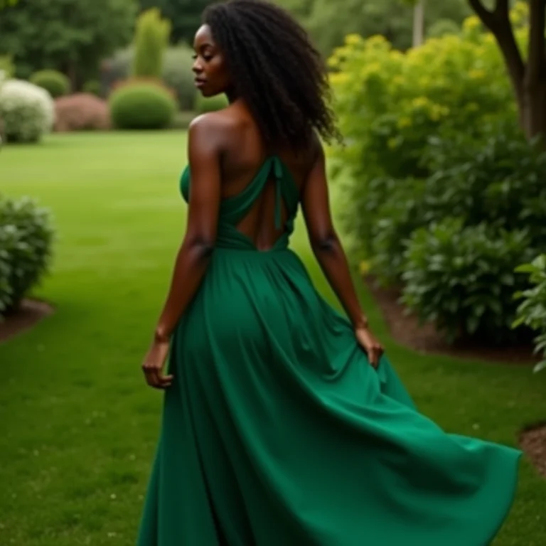 Mulher negra vestindo verde em um jardim exuberante