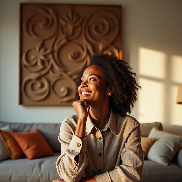 Mulher observando sala decorada com revestimento 3D.