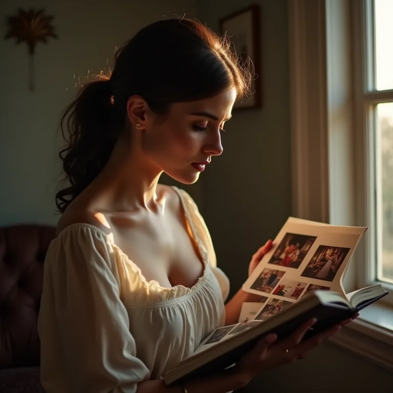 Mulher olhando álbum de fotos antigas de Carnaval com nostalgia.