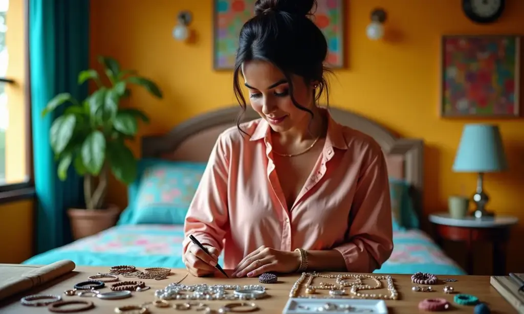 Chega de Nós 12 Ideias Criativas para Organizar Bijuterias Mulher organizando suas bijuterias em quarto vibrante.