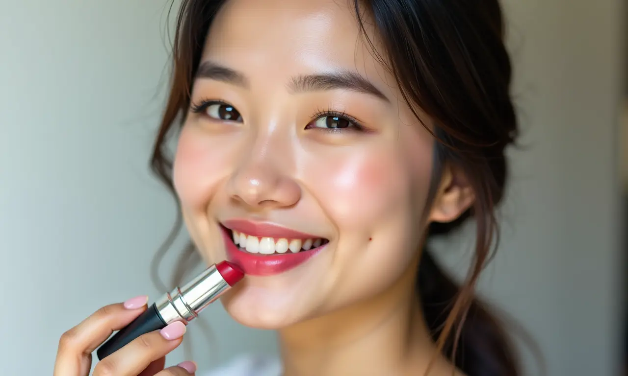 Mulher oriental aplicando batom com a cor ideal.