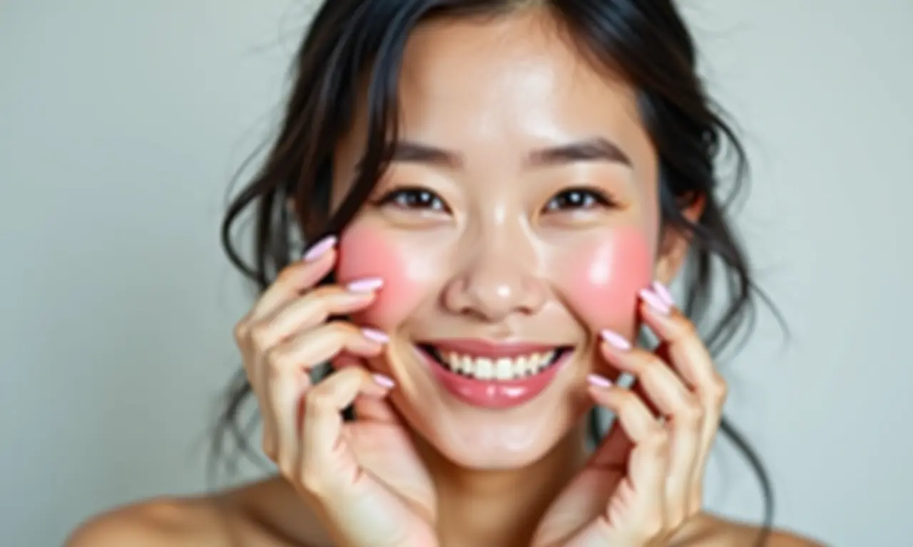 Mulher oriental aplicando blush para realçar as maçãs do rosto.