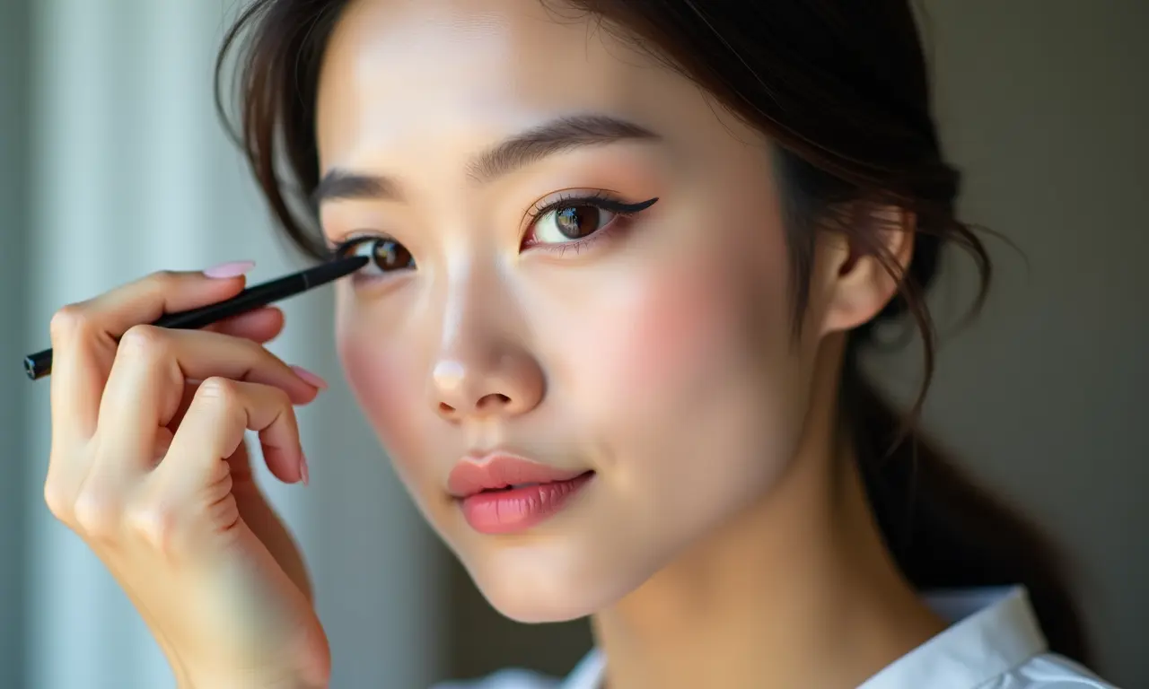 Mulher oriental aplicando delineador para realçar o olhar.