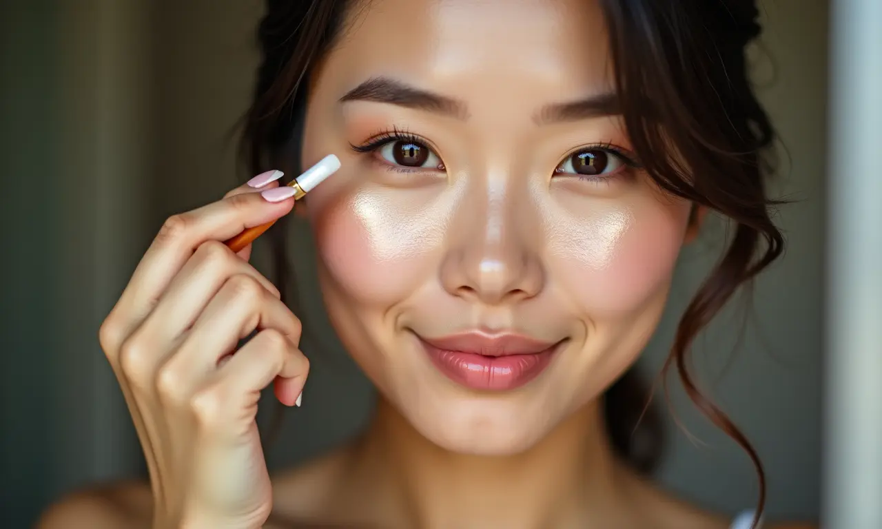 Mulher oriental aplicando iluminador para um toque de glow.