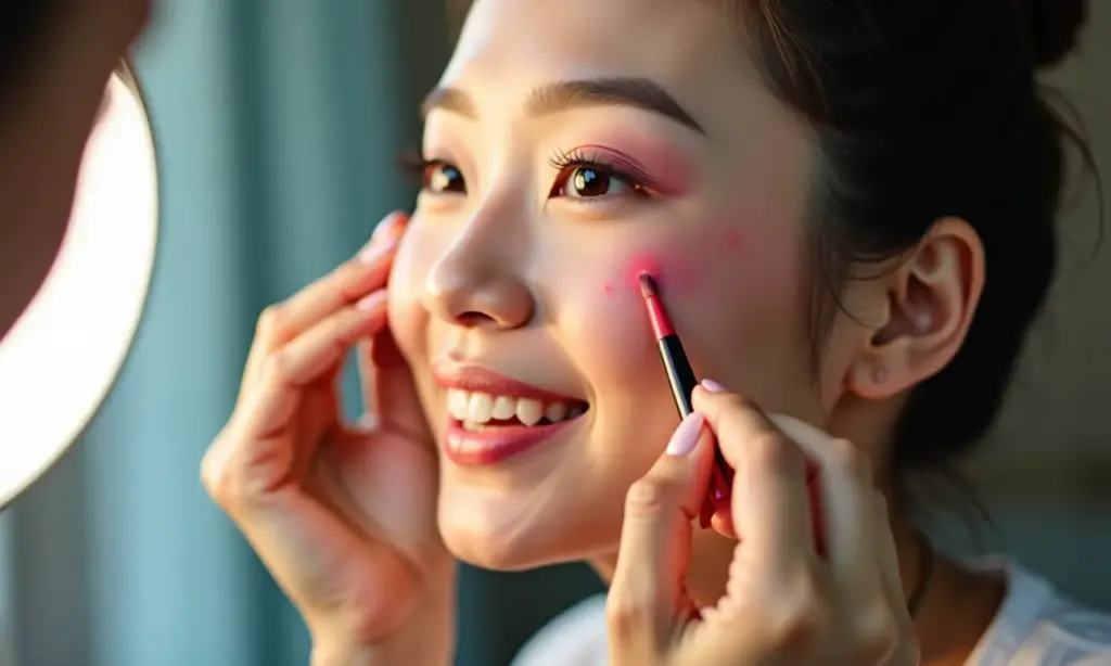 Mulher oriental aplicando maquiagem com pele impecável e cores vibrantes.