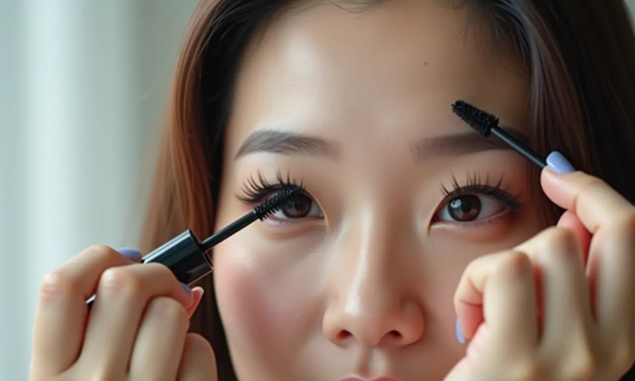 Mulher oriental aplicando máscara de cílios para alongar e definir.