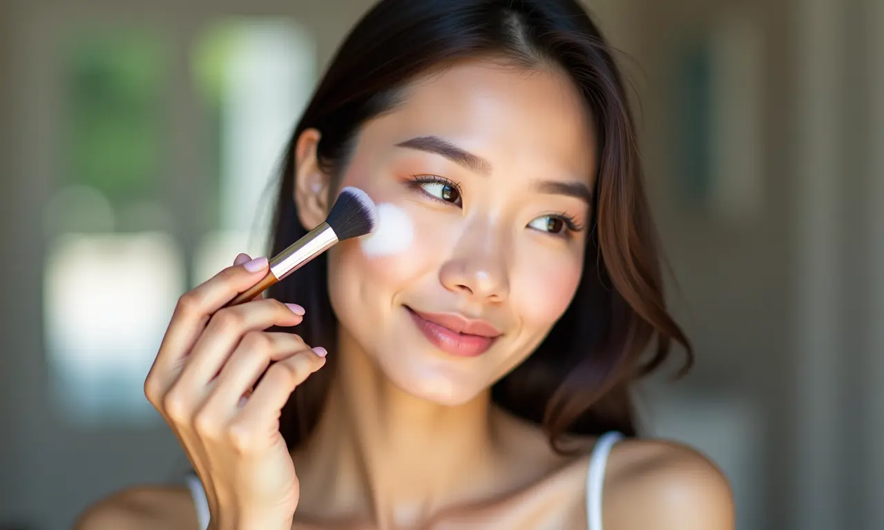 Mulher oriental aplicando pó translúcido para selar a maquiagem.