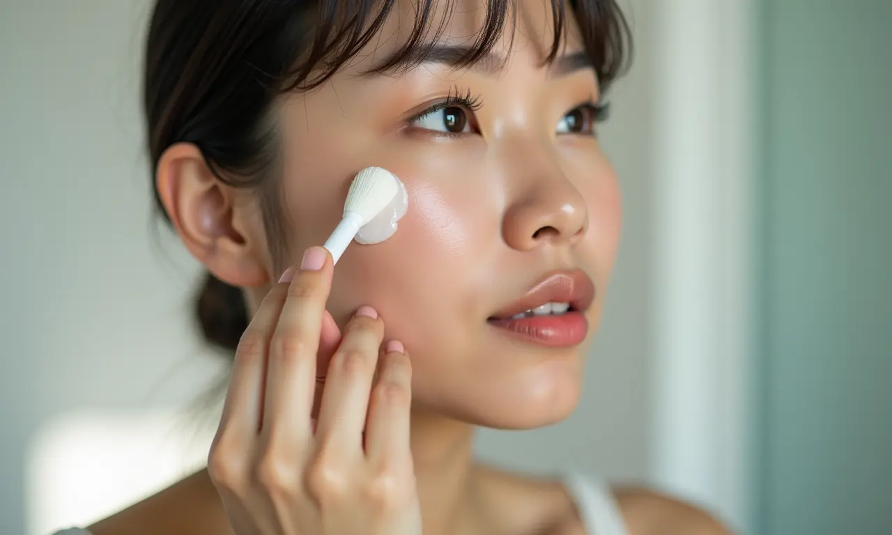 Mulher oriental aplicando primer para preparar a pele para a maquiagem.