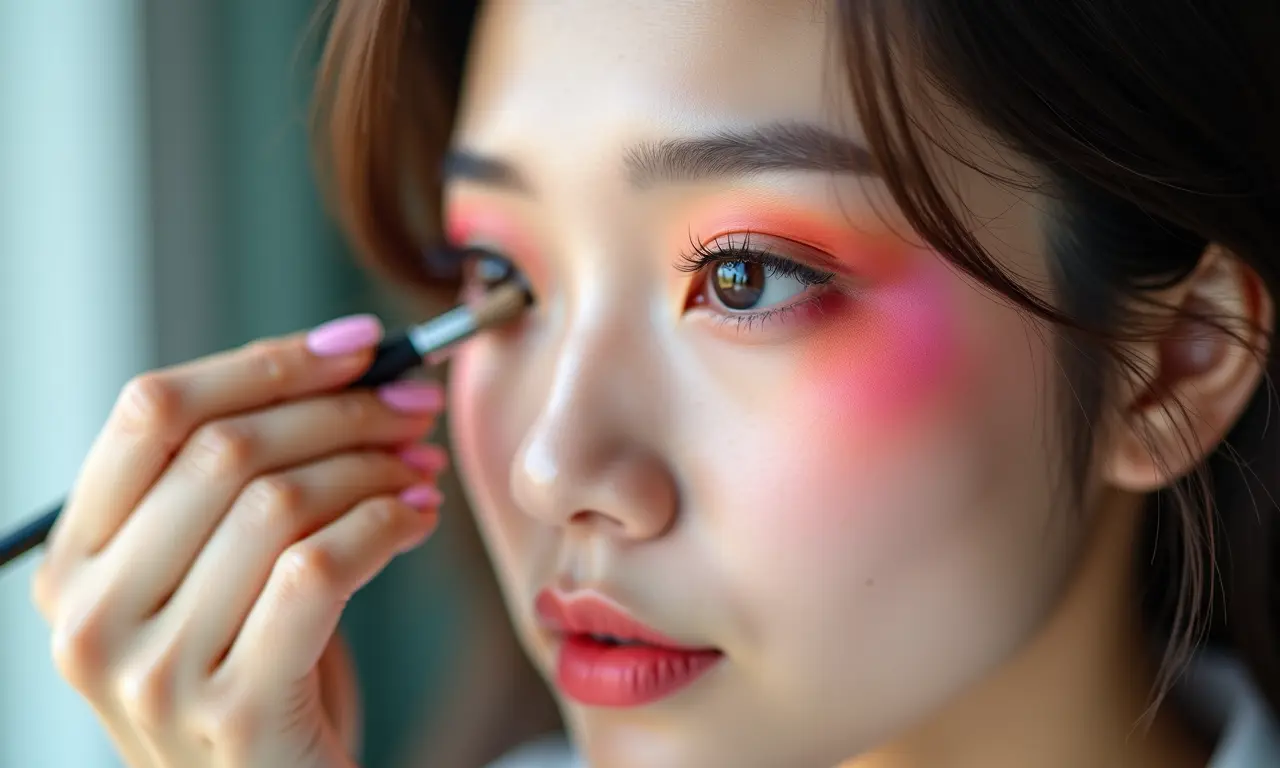 Mulher oriental aplicando sombra para valorizar o formato dos olhos.