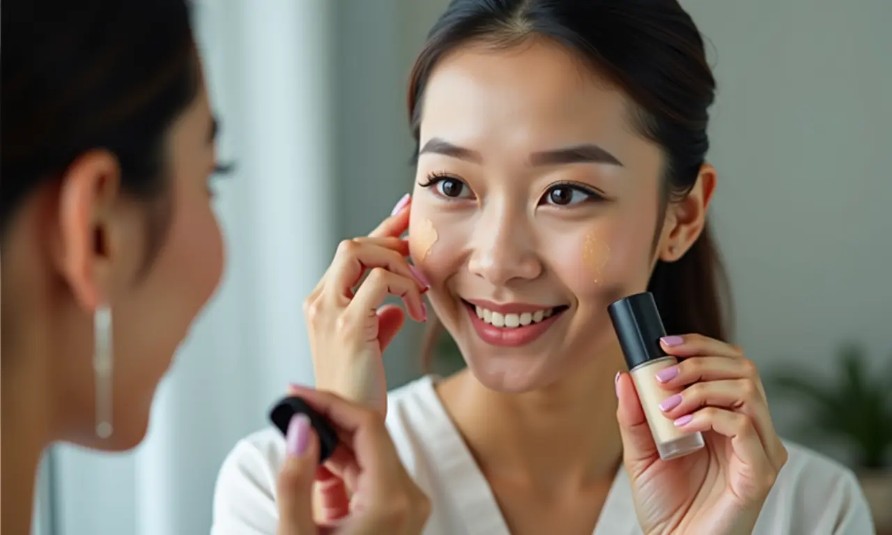 Mulher oriental escolhendo base e corretivo para o tom de pele ideal.