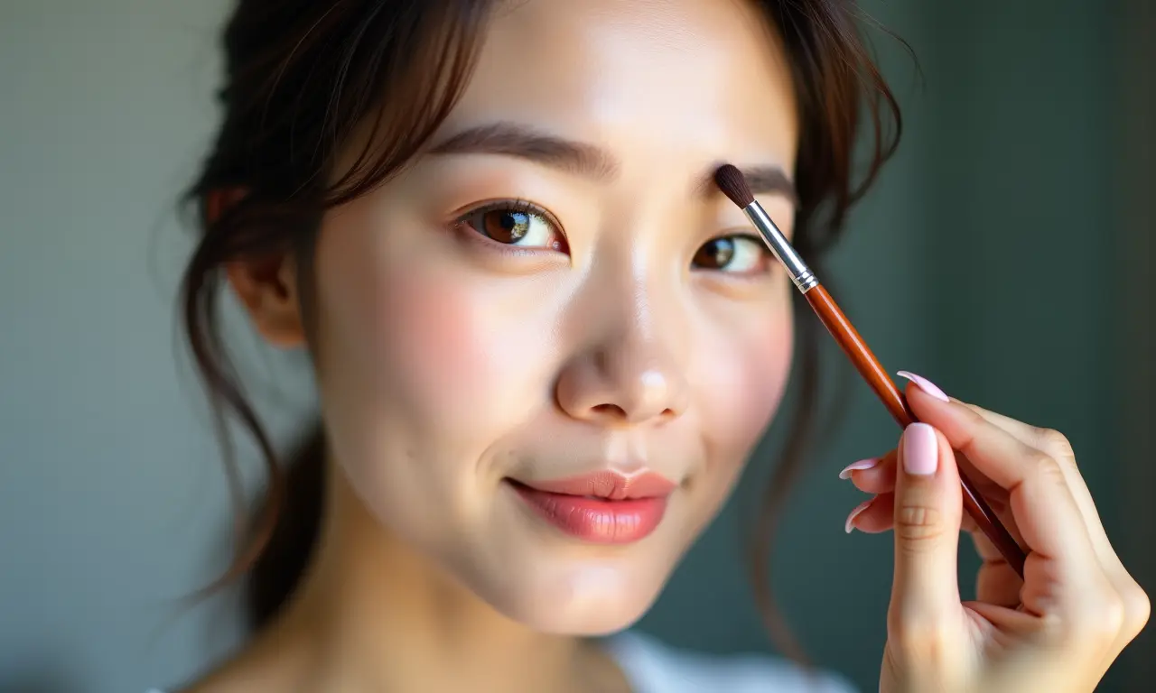 Mulher oriental modelando as sobrancelhas para um olhar marcante.