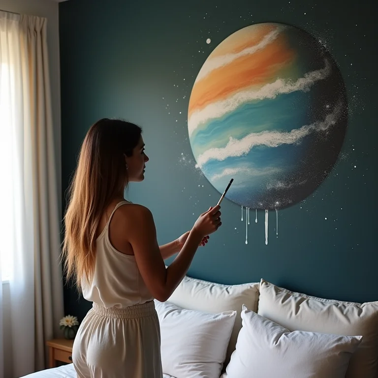 Mulher personalizando o quarto com um mural de planetas.