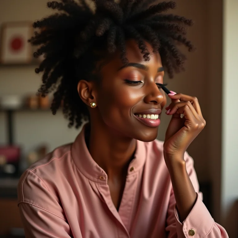 Mulher personalizando seu espaço de maquiagem com seus itens favoritos