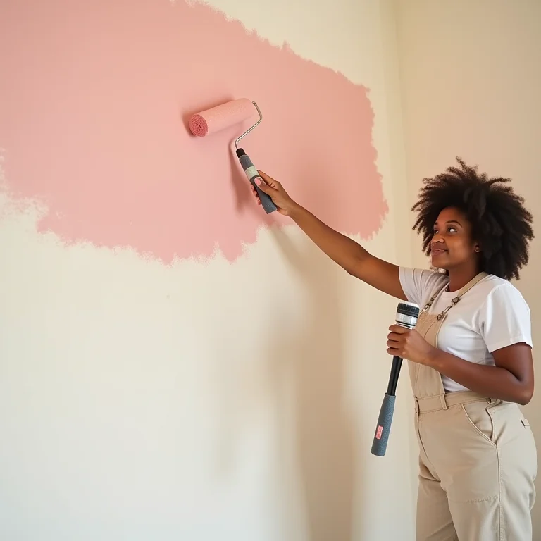 Mulher pintando parede com rolo de tinta pastel