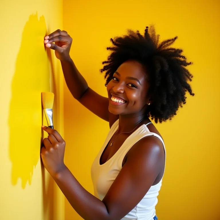 Mulher pintando parede com tinta amarela vibrante
