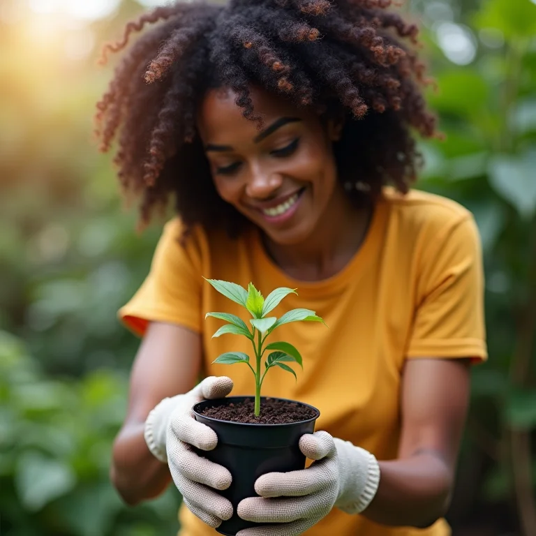 Mulher plantando muda em vaso