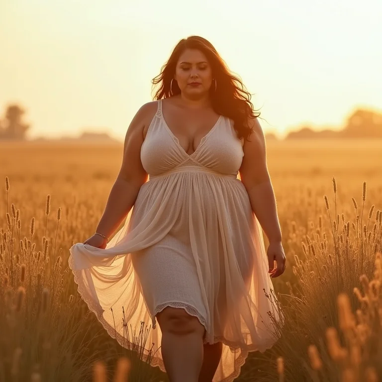 Mulher plus-size com vestido leve em batizado no campo