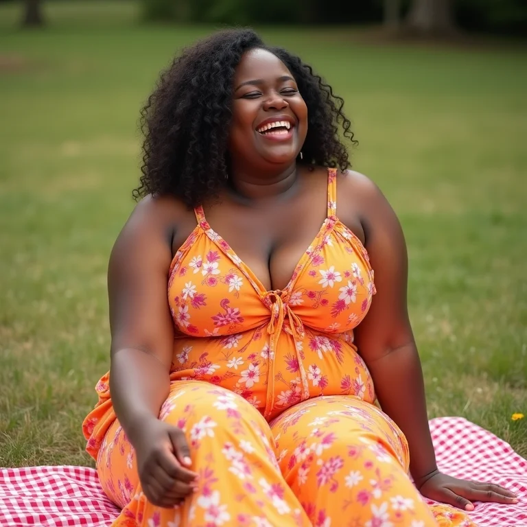 Mulher plus size de vestido maxi vibrante rindo sentada em manta de piquenique
