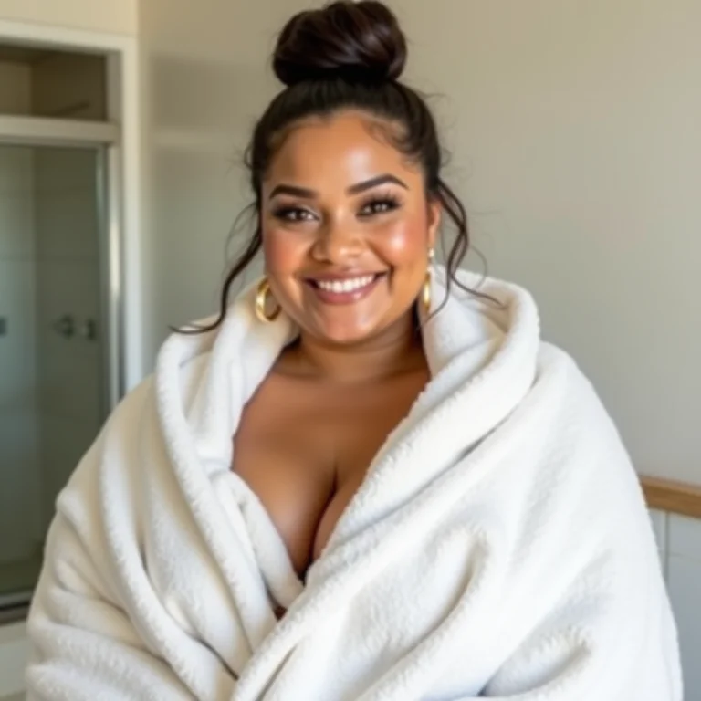 Mulher plus-size envolta em uma toalha de banho gigante.