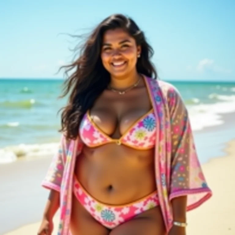 Mulher plus size sorrindo na praia com roupa de banho colorida.