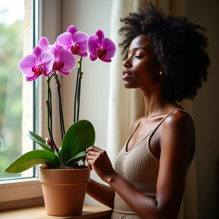 Mulher posicionando orquídea perto da janela para receber luz