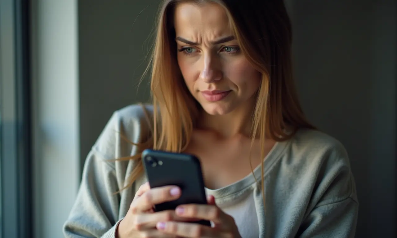 Mulher preocupada com a pressão estética nas redes sociais, buscando estratégias para lidar com ela.