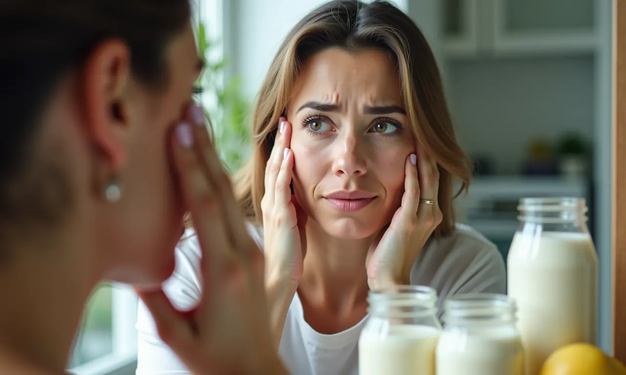 Mulher preocupada examinando a pele do rosto no espelho, com laticínios ao fundo.