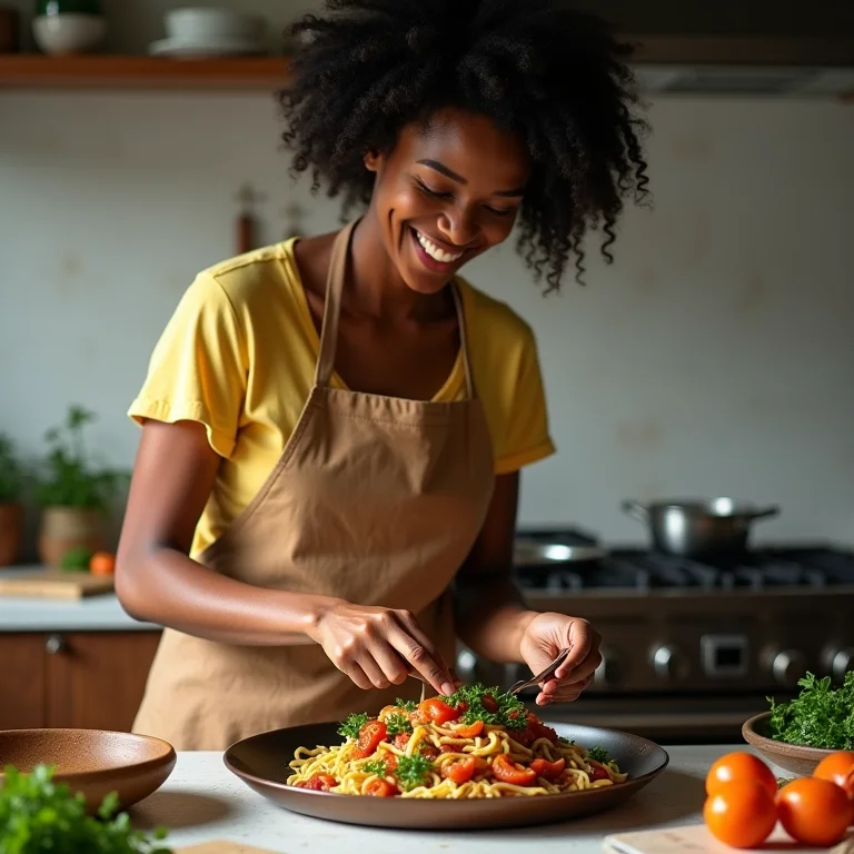 Mulher preparando uma versão vegetariana de um prato brasileiro