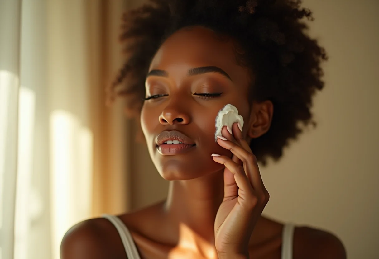 Mulher radiante aplicando hidratante facial