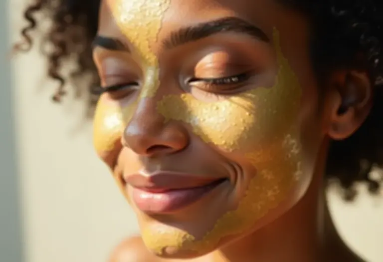 Mulher radiante aplicando máscara facial caseira.