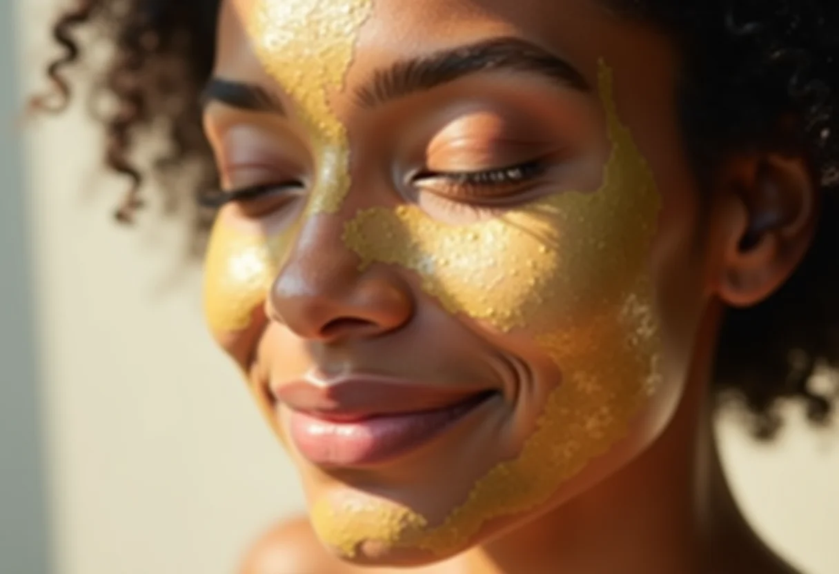 Mulher radiante aplicando máscara facial caseira.
