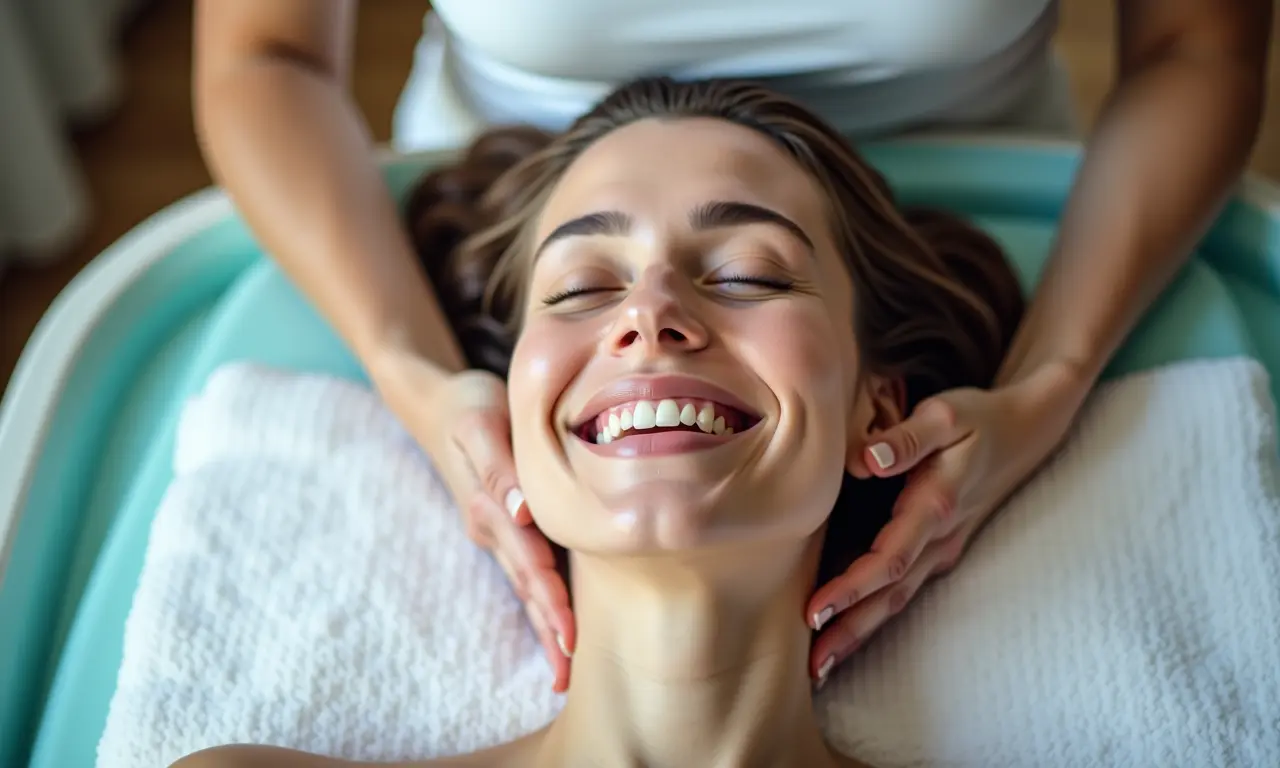Mulher radiante desfrutando de hidromassagem para fortalecer o sistema imunológico.