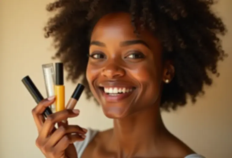 Mulher radiante segurando amostras grátis de produtos de beleza