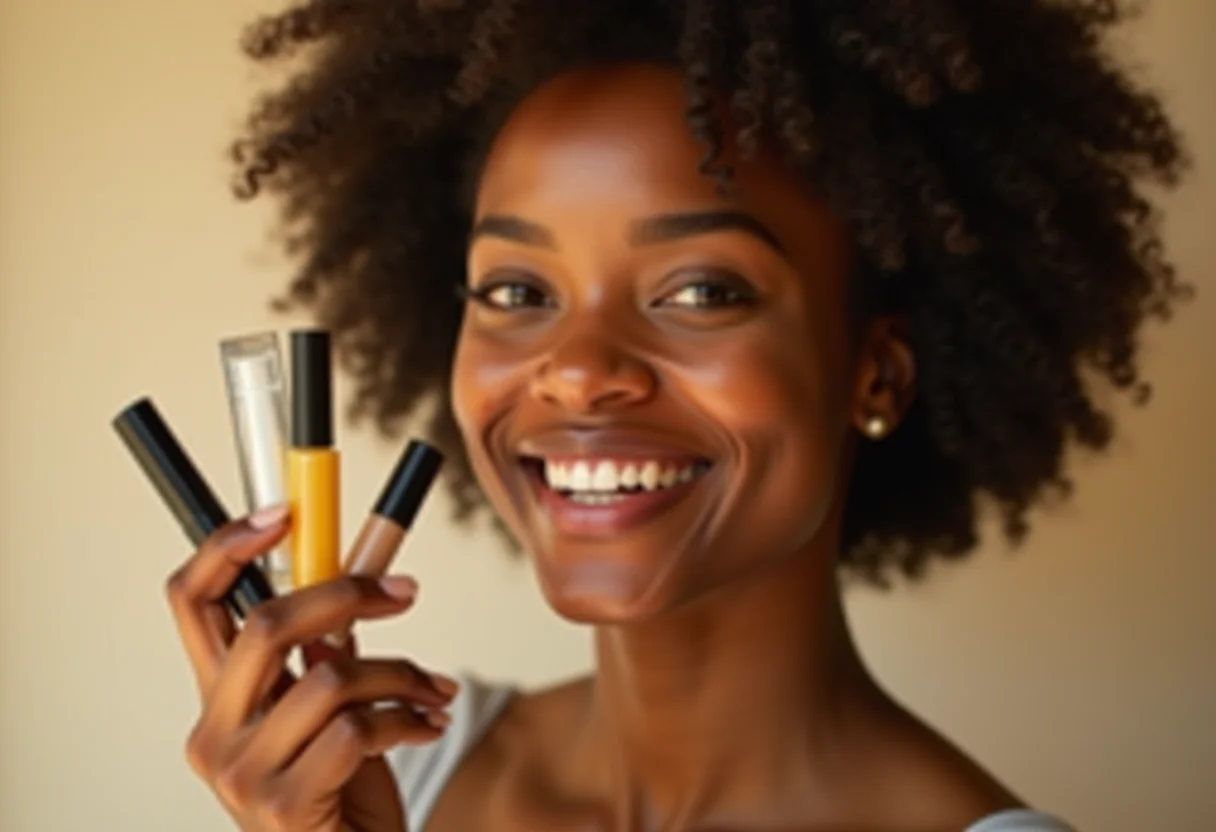 Mulher radiante segurando amostras grátis de produtos de beleza