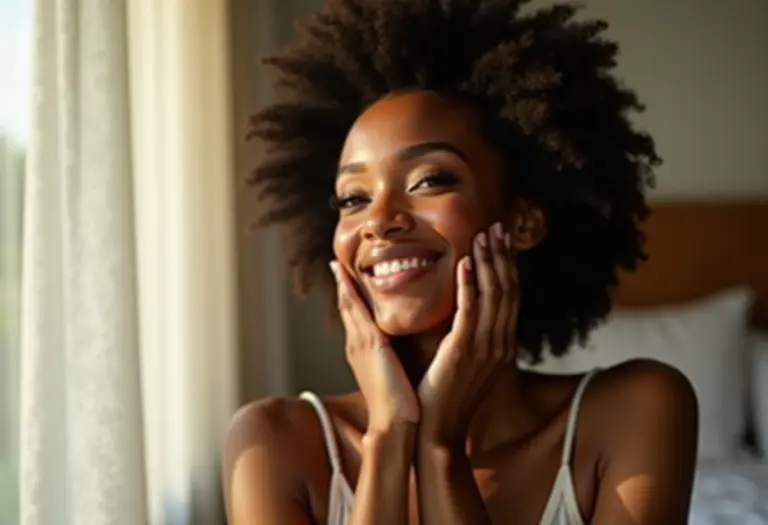 Mulher radiante tocando o rosto em um quarto minimalista