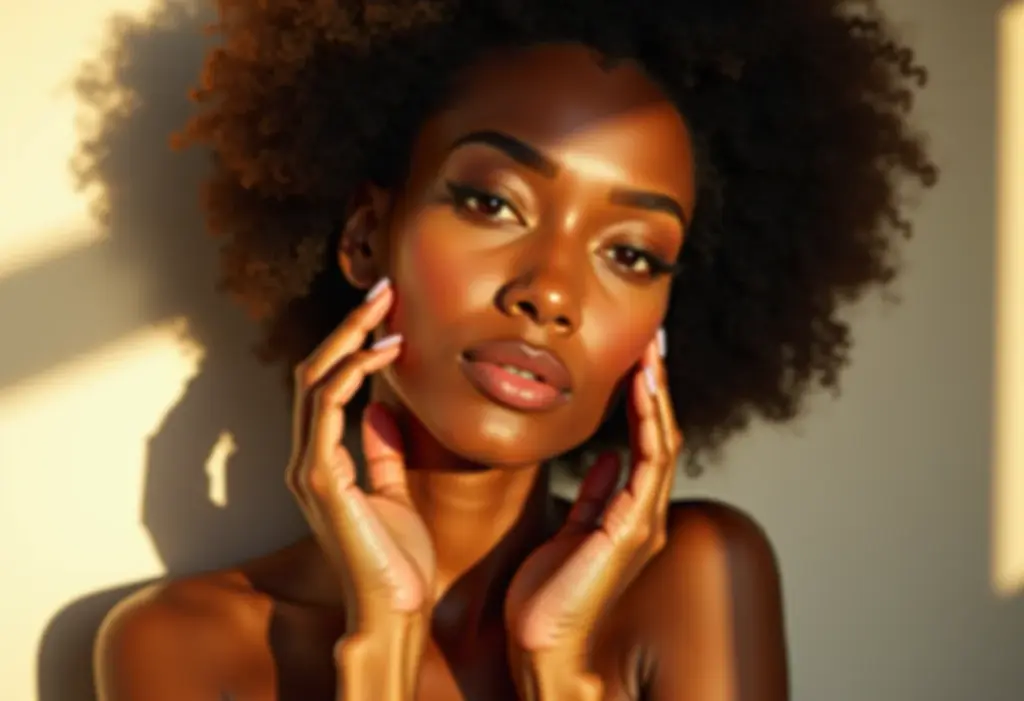 Mulher radiante tocando o rosto, representando o cuidado com a pele