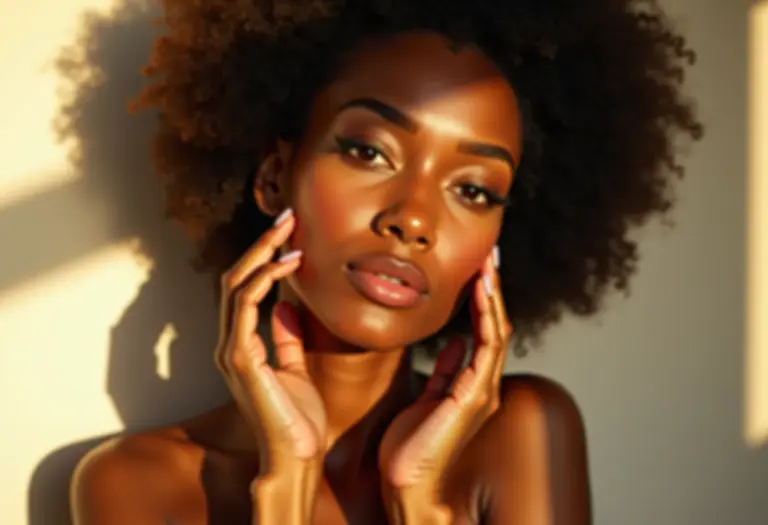 Mulher radiante tocando o rosto, representando o cuidado com a pele