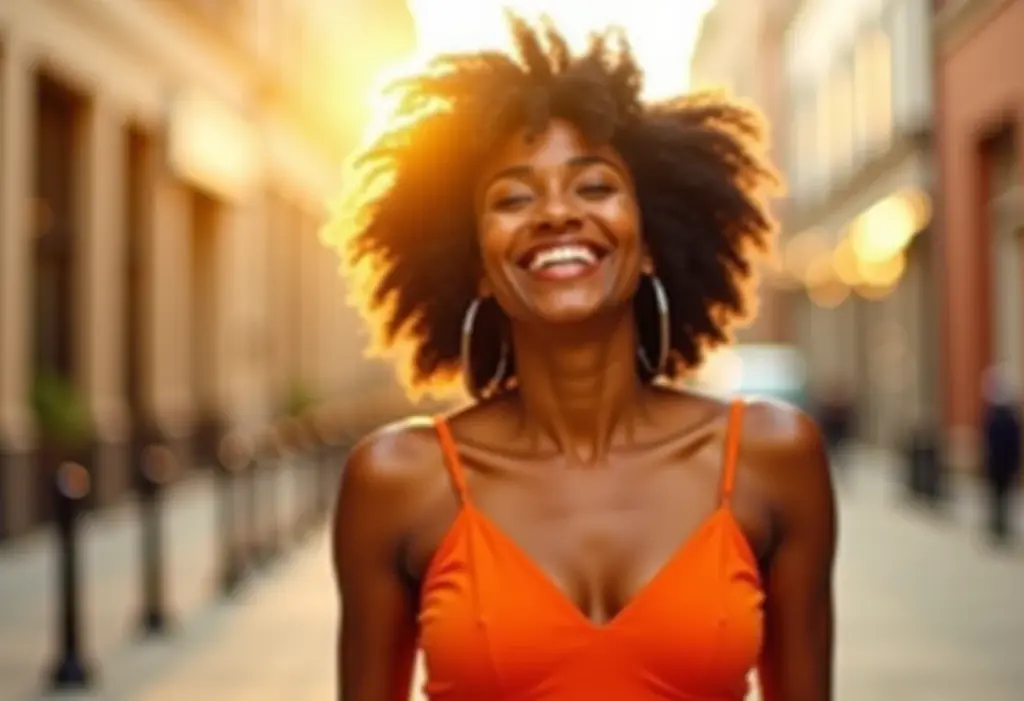 Mulher radiante vestindo laranja em cenário urbano