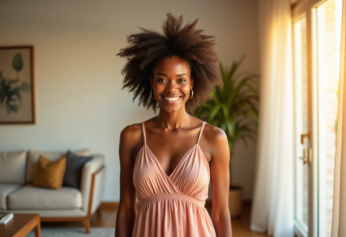 Mulher radiante vestindo um vestido fluido em um ambiente moderno e iluminado