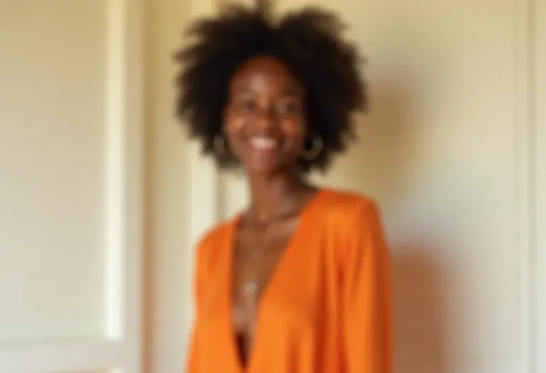 Mulher radiante vestindo um vestido laranja vibrante
