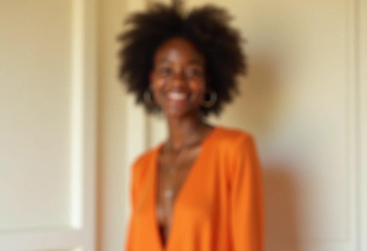 Mulher radiante vestindo um vestido laranja vibrante