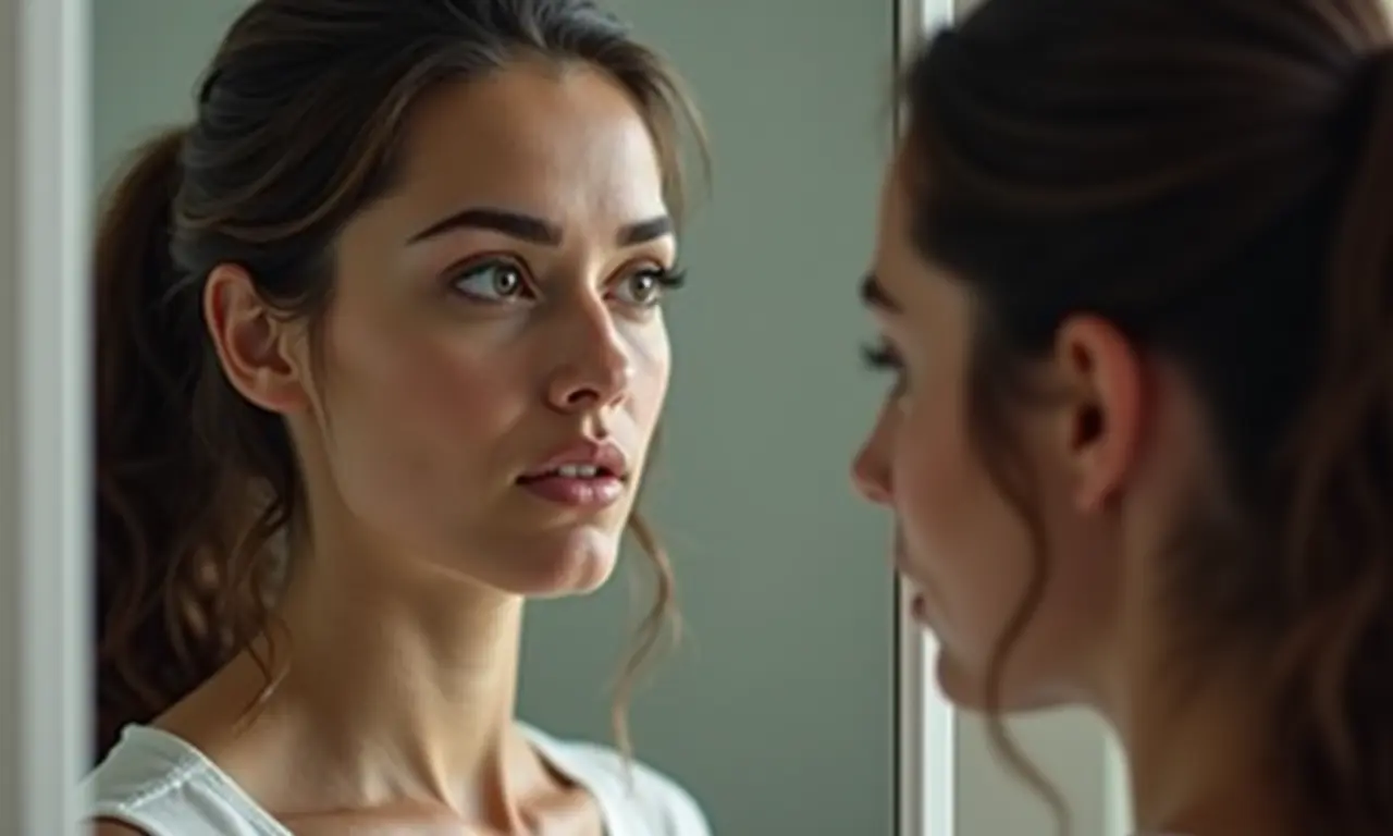 Mulher refletindo sobre o poder da imagem e a busca pela perfeição.