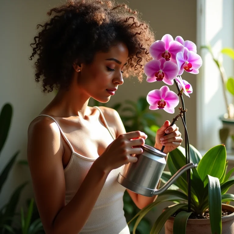 Mulher regando orquídea com cuidado.