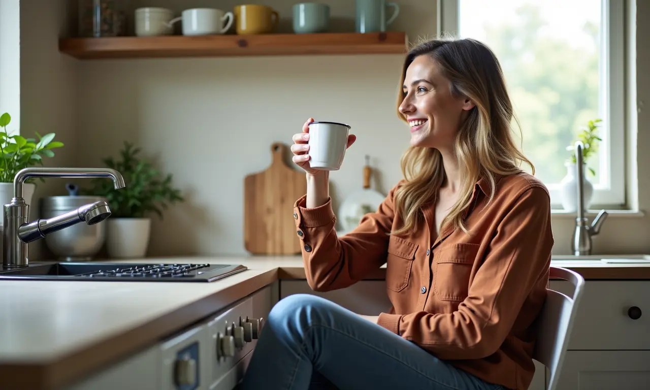 Mulher relaxando com café enquanto a lava-louças trabalha, ganhando tempo livre.