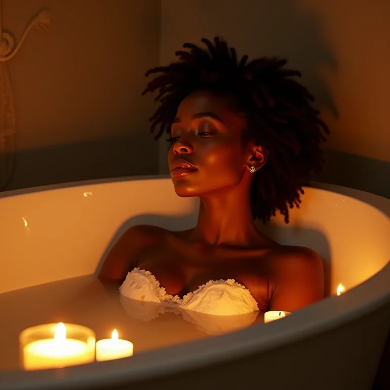 Mulher relaxando em banheira com velas aromáticas