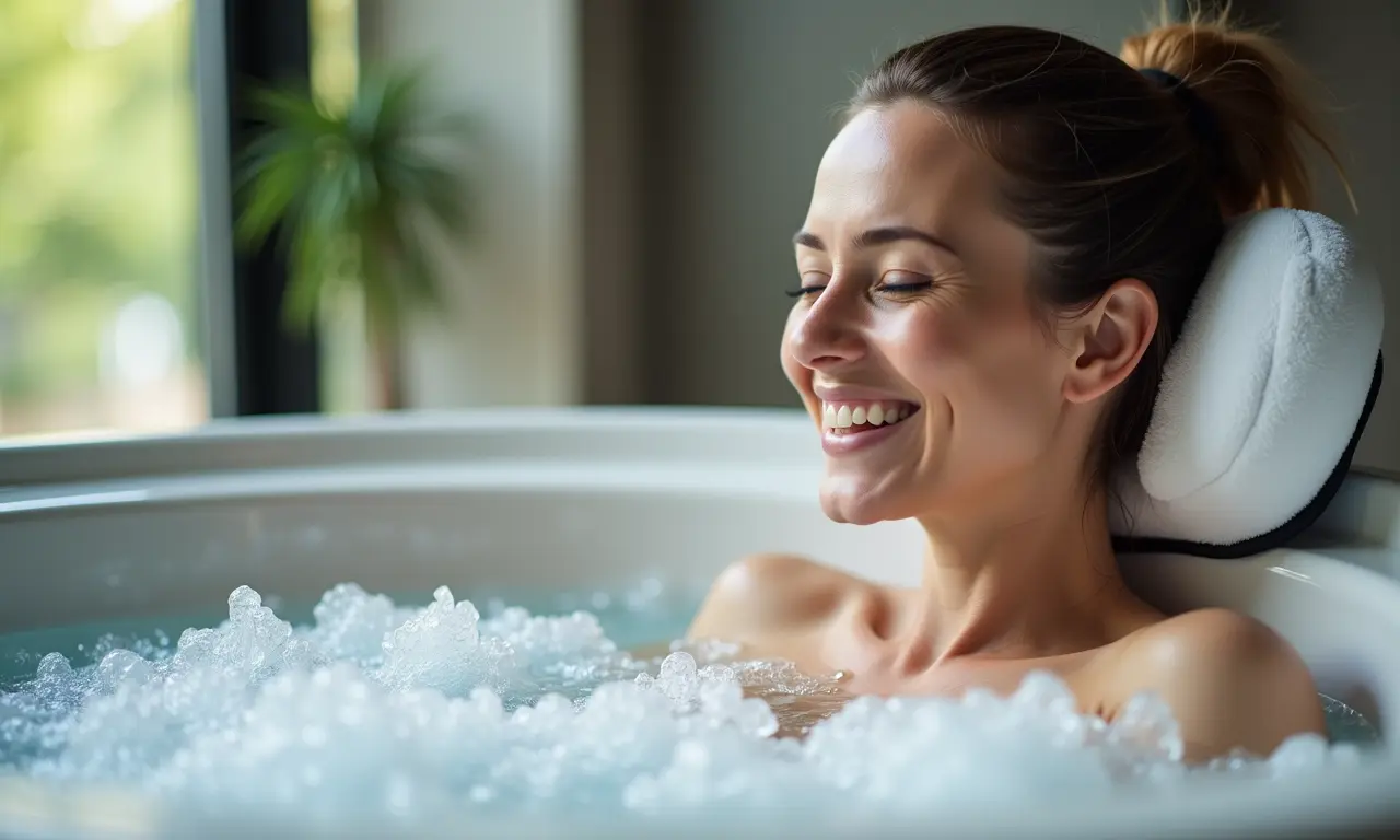 Mulher relaxando em hidromassagem para alívio de dores musculares e articulares.