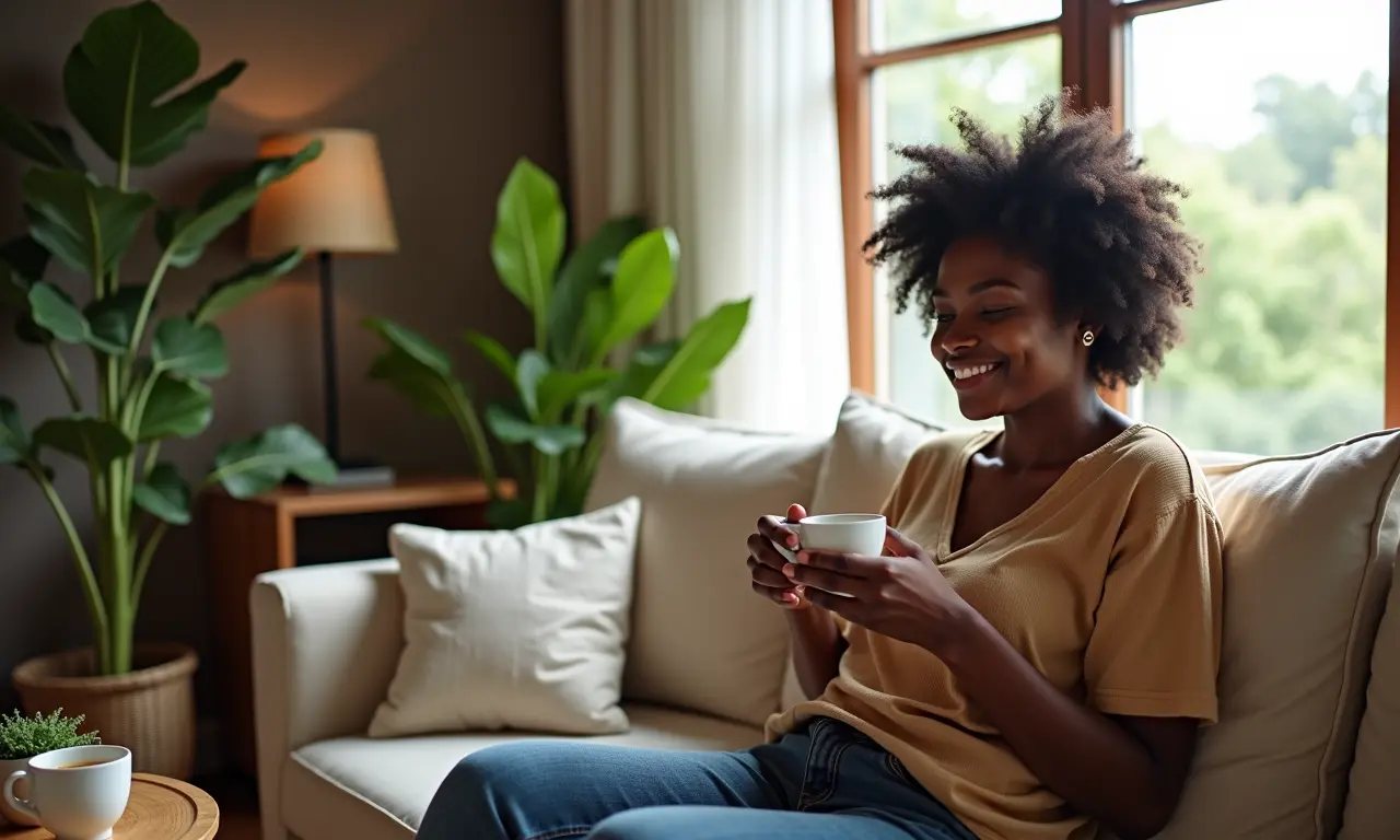 Mulher relaxando em sala minimalista e aconchegante com decoração brasileira.