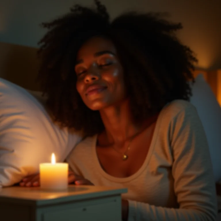 Mulher relaxando no quarto com aroma de velas