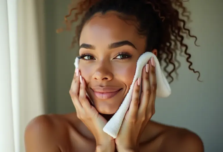 Mulher removendo maquiagem em um banheiro minimalista